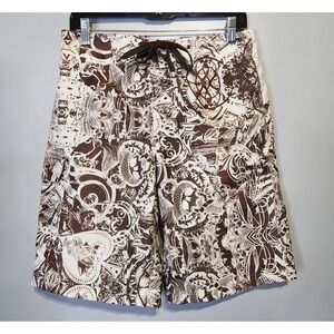 Pacific & Co Swim Trunks Men Small Brown All Over‎ Print Drawstring Boardshorts